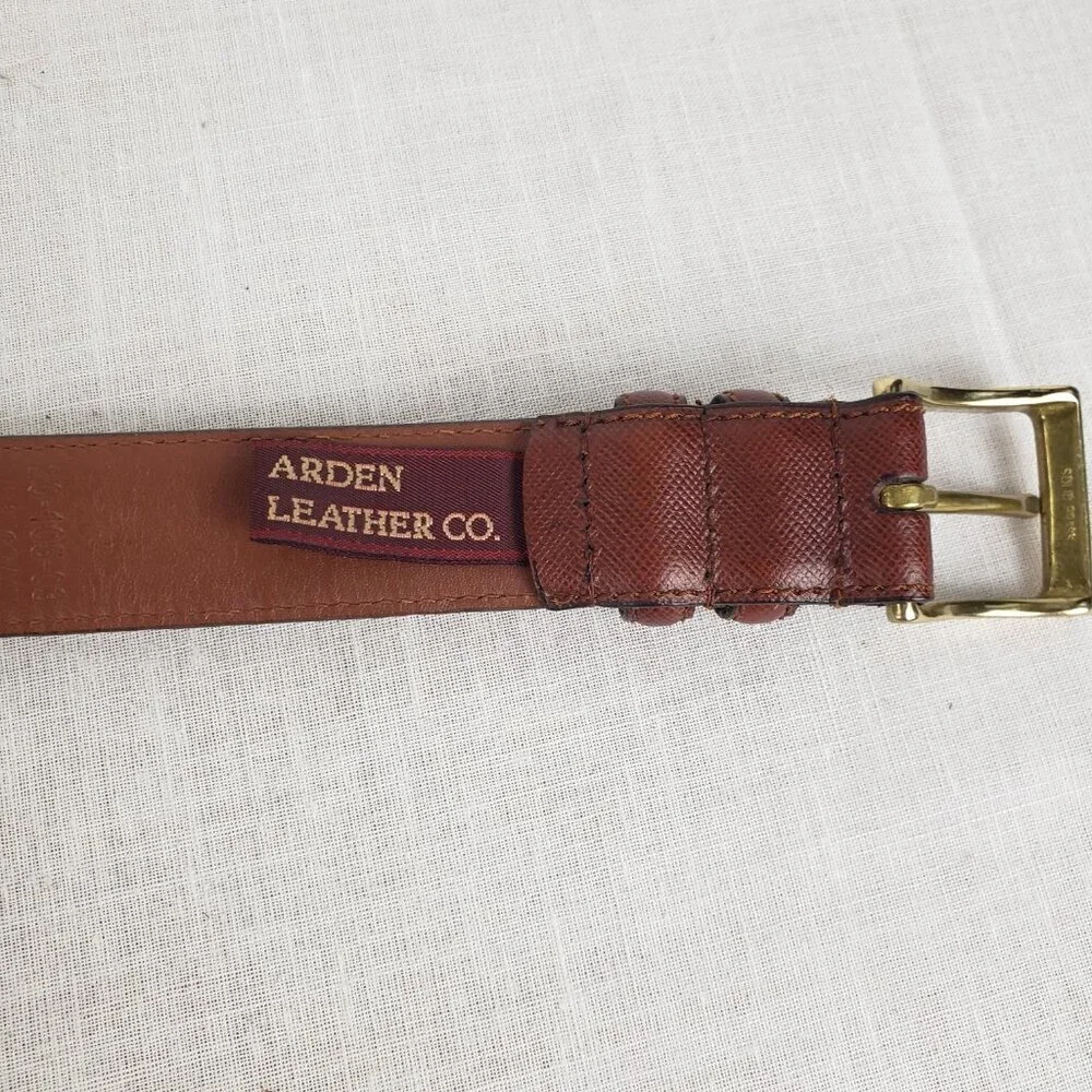 Arden Leather Co Brown Full Grain Cowhide Belt Gold Tone Brass Buckle Mens 50